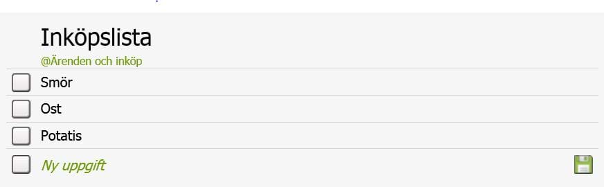 Exempel på inköpslistan i SaveYourDay.