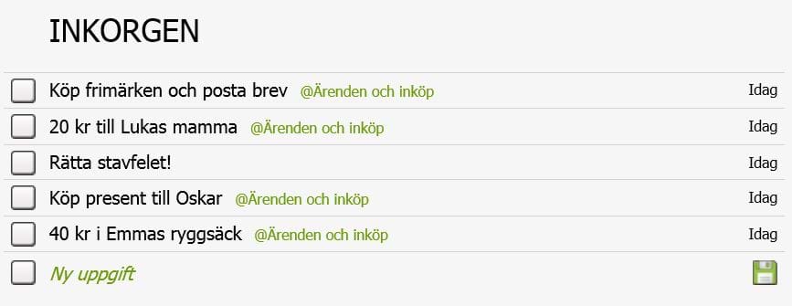 Exempel på inkorgen i SaveYourDay.