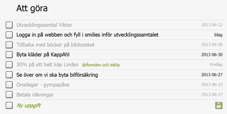 Exempel på en privat att-göra lista i SaveYourDay.