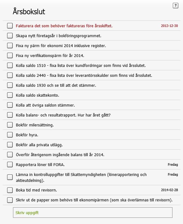  Bokföring: Checklista vid årsbokslut för småföretagare. Exempel på hur det ser ut i SaveYourDay.