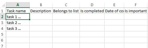 Excel-fil med listor och uppgifter som ska importeras och skapas i SaveYourDay.