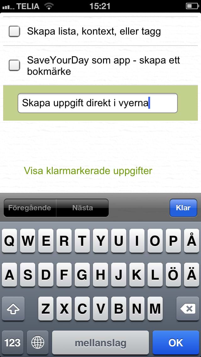 Skapa uppgift direkt i vyn.